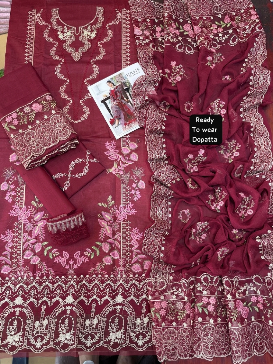 Luxury Embroidered Lawn 3 Piece Suit with Ready-to-Wear Chiffon Dupatta