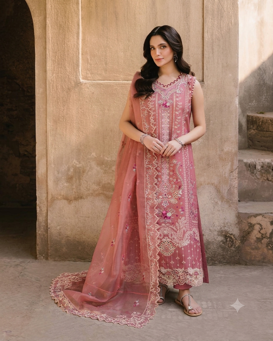 Luxury Summer Collection – Embroidered Lawn 3 Piece Suit with Khaddi Net Dupatta