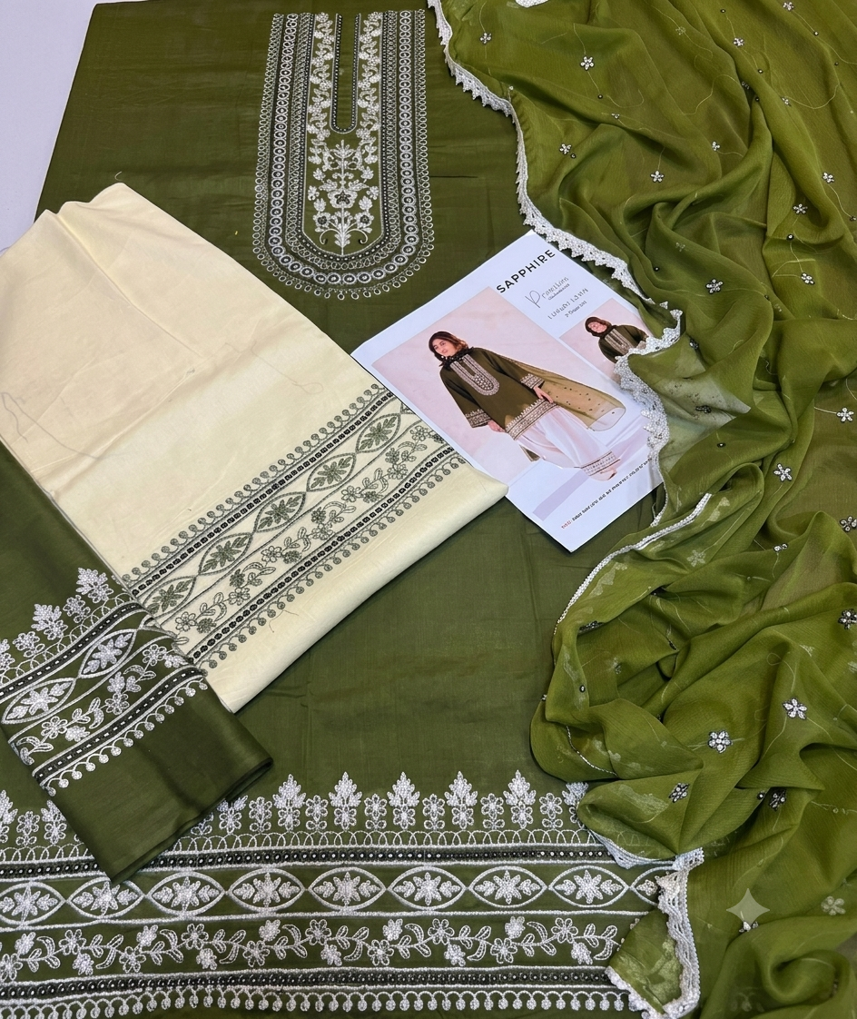 Sapphire Luxury Collection – 3 Piece Lawn Suit with Chiffon Dupatta-STITCHED