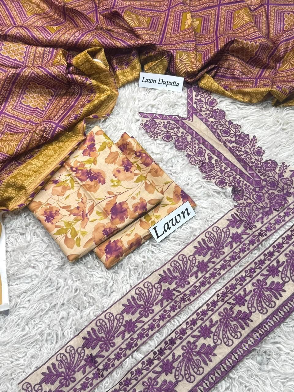 DIGITAL PRINTED WITH PATCHES 3 PIECE UNSTITCHED LOWN SUIT