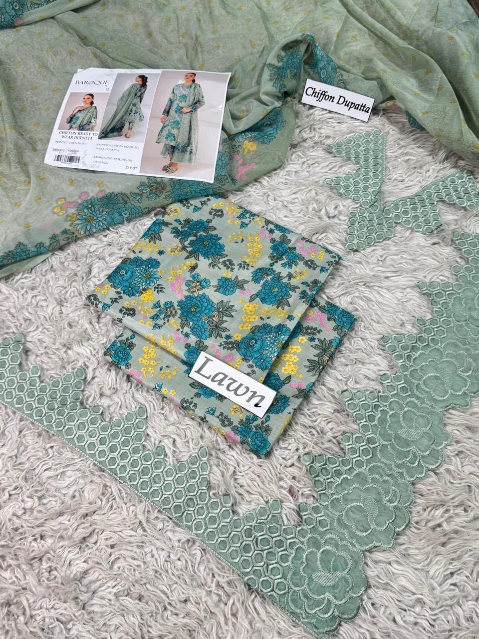 DIGITAL PRINTED WITH PATCHES 3 PIECE UNSTITCHED LOWN SUIT