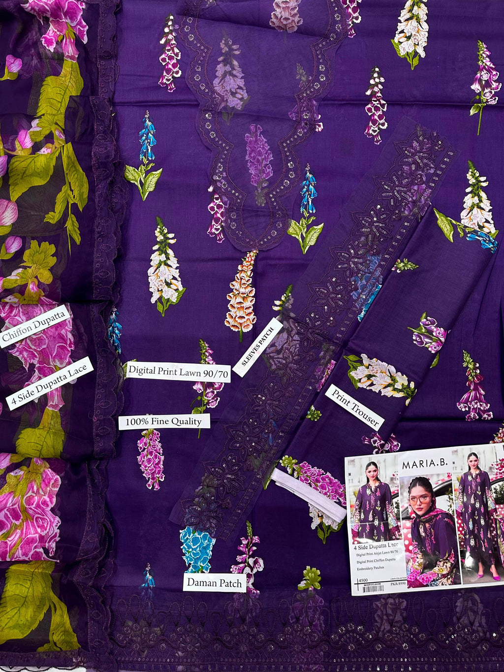 DIGITAL PRINTED WITH PATCHES 3 PIECE UNSTITCHED LOWN SUIT