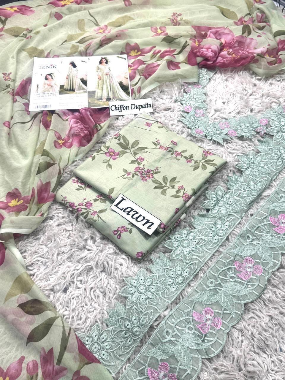 DIGITAL PRINTED WITH PATCHES 3 PIECE UNSTITCHED LOWN SUIT