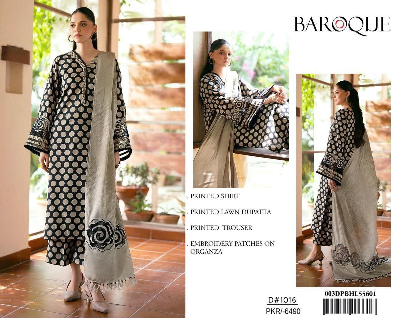 DIGITAL PRINTED WITH PATCHES 3 PIECE UNSTITCHED LOWN SUIT