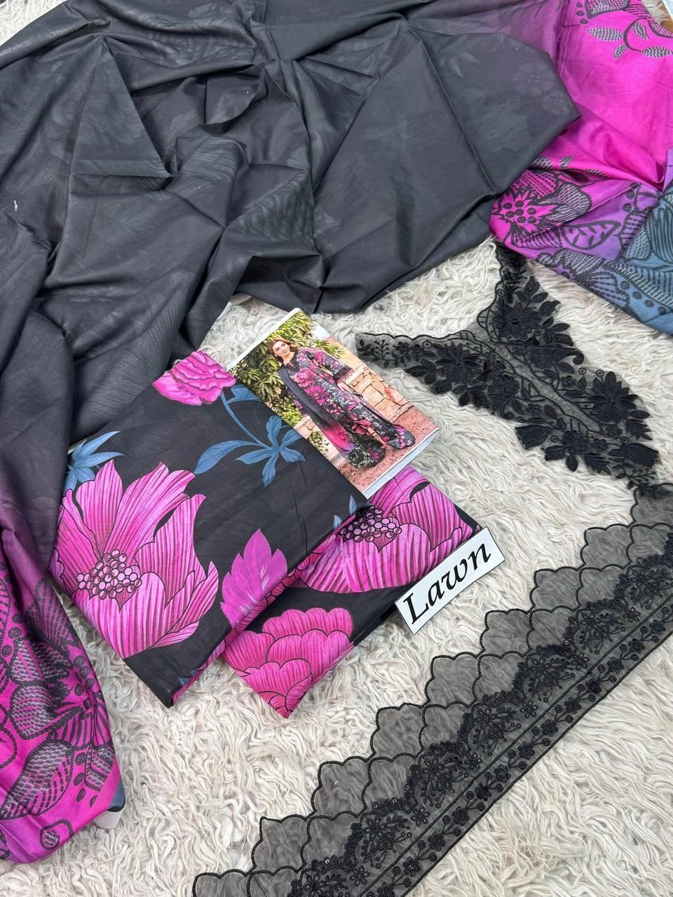DIGITAL PRINTED WITH PATCHES 3 PIECE UNSTITCHED LOWN SUIT