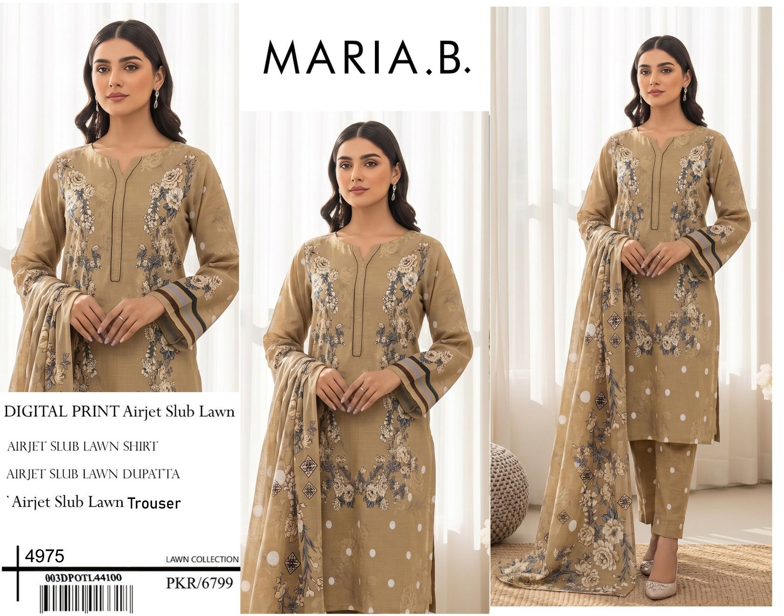 MARIA B PREMIUM SLUB 3 PIECE LOWN UNSTITCHED SUIT