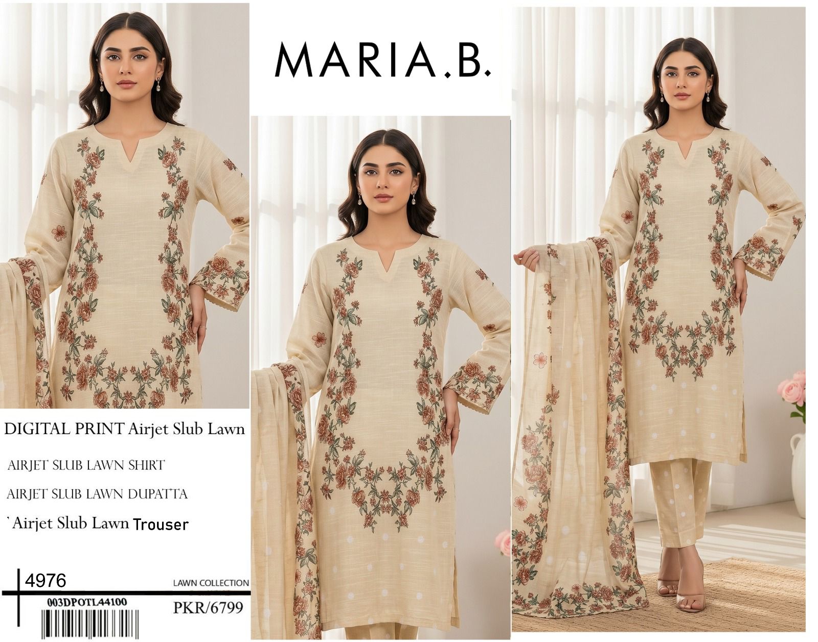 MARIA B PREMIUM SLUB 3 PIECE LOWN UNSTITCHED SUIT