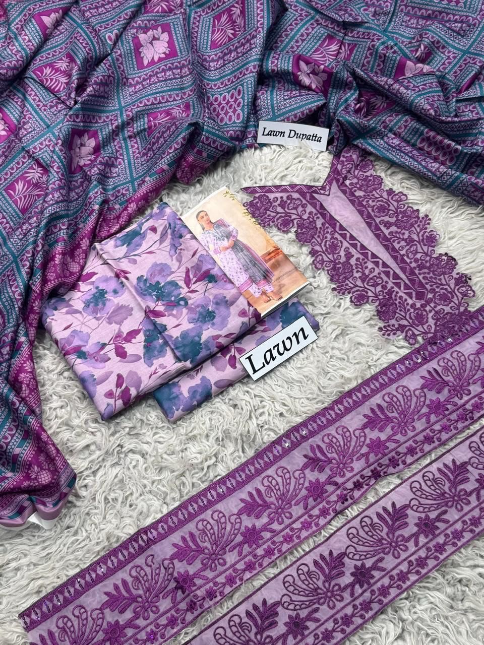 DIGITAL PRINTED WITH PATCHES 3 PIECE UNSTITCHED LOWN SUIT