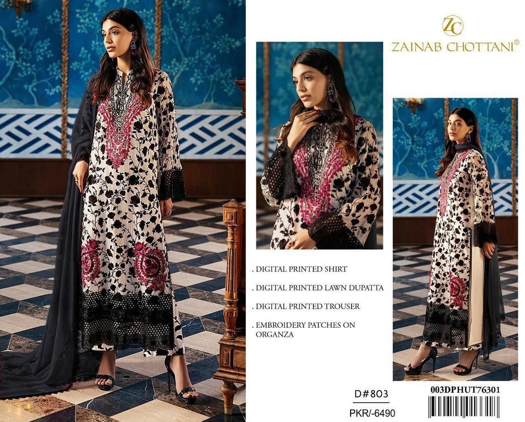 DIGITAL PRINTED WITH PATCHES 3 PIECE UNSTITCHED LOWN SUIT