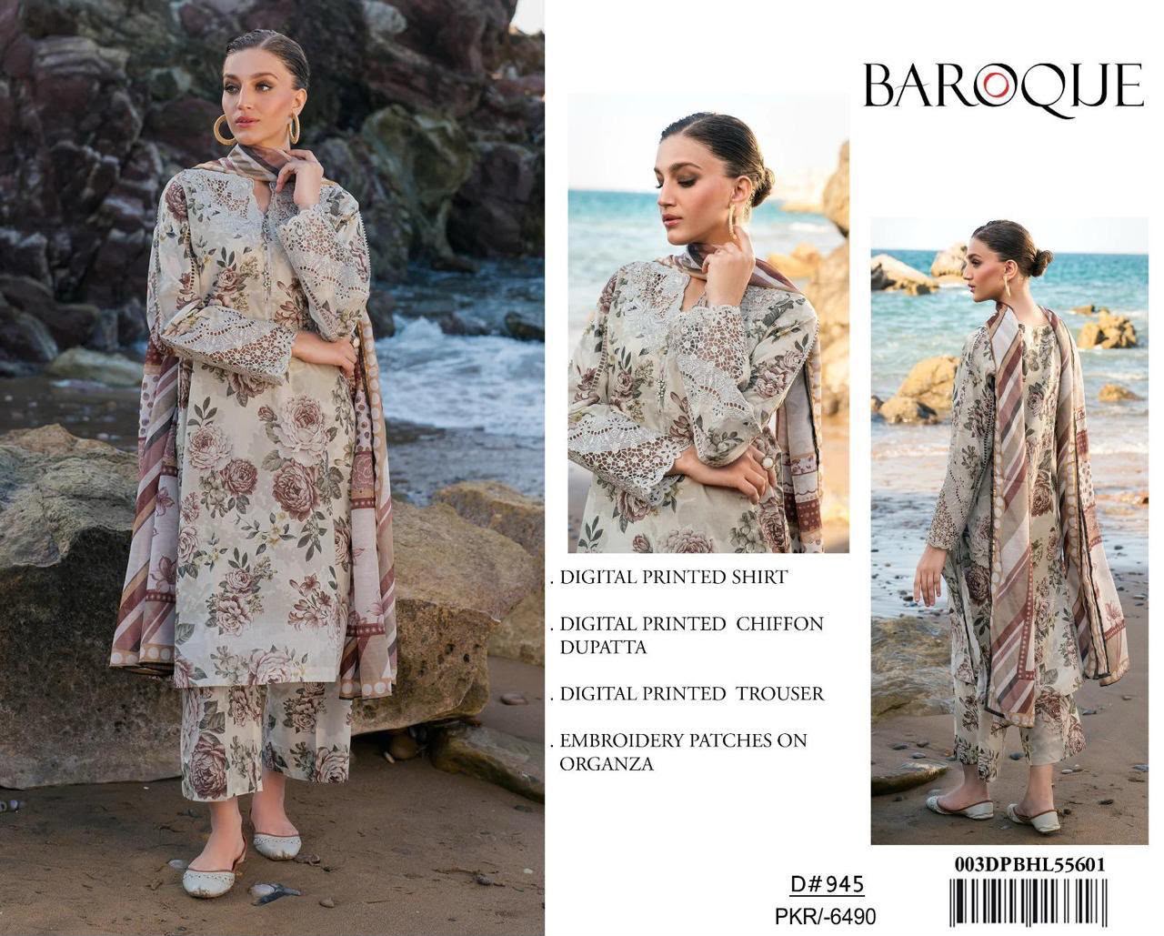 DIGITAL PRINTED WITH PATCHES 3 PIECE UNSTITCHED LOWN SUIT