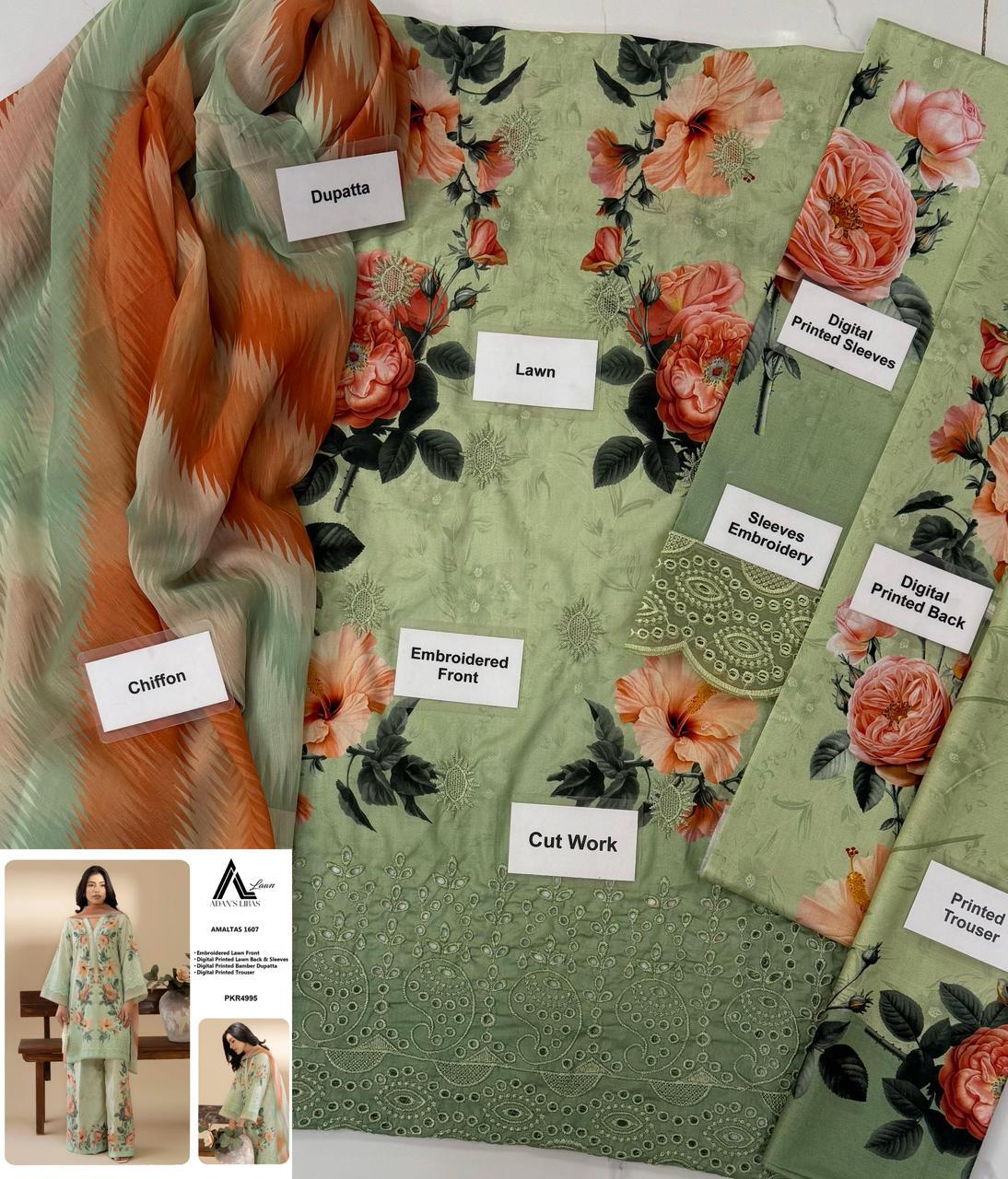 ADAN LIBAS EMBROIDERY 3 PIECES UNSTITCHED LAWN SUIT