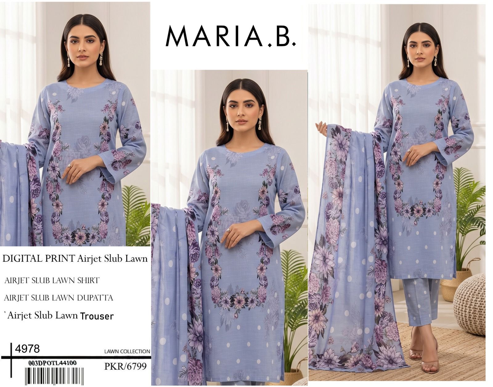 MARIA B PREMIUM SLUB 3 PIECE LOWN UNSTITCHED SUIT