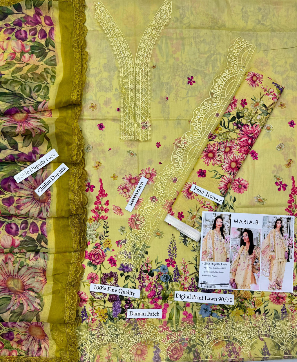 DIGITAL PRINTED 3 PIECE  WITH PATCHES UNSTITCHED LOWN SUIT