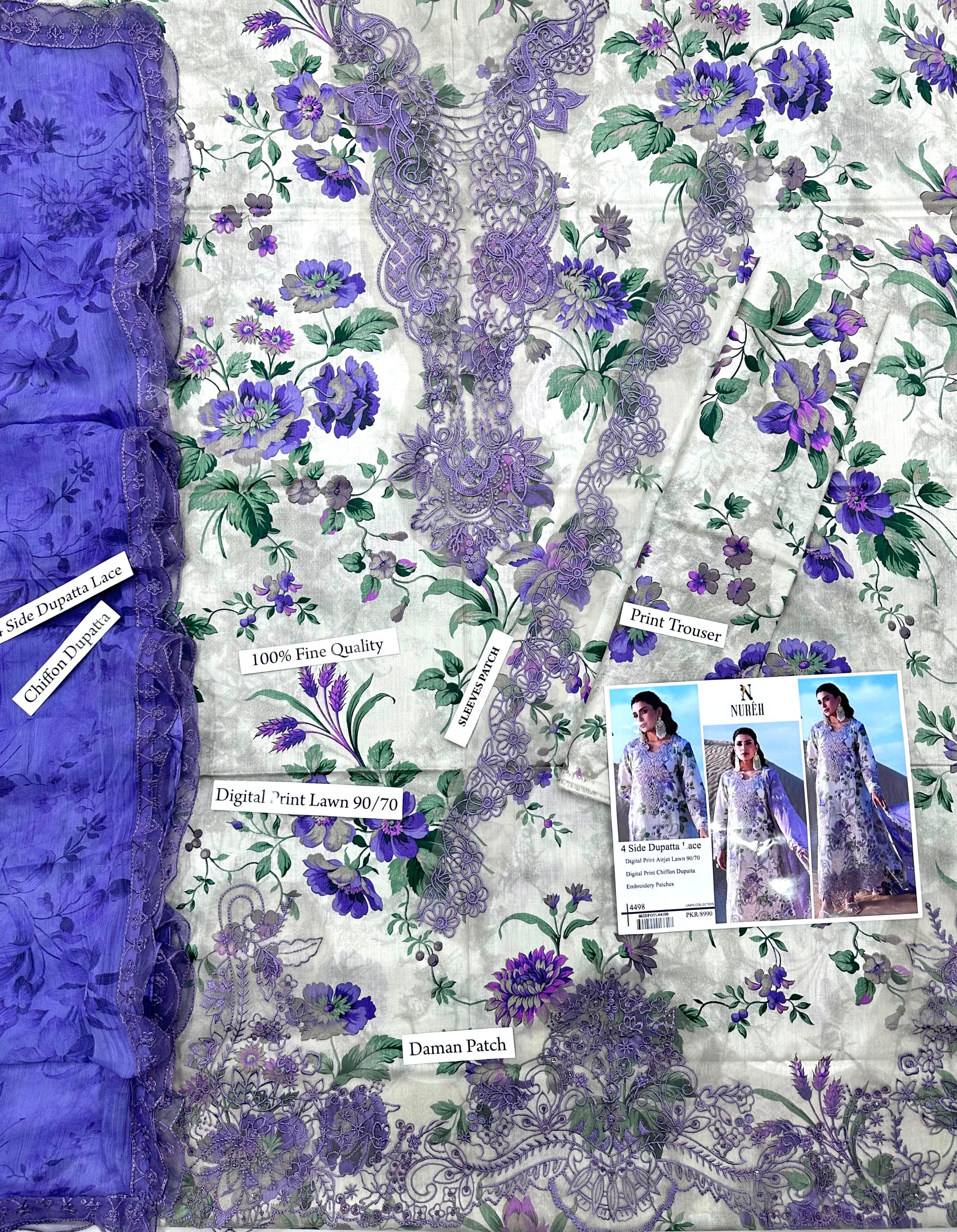 DIGITAL PRINTED WITH PATCHES 3 PIECE UNSTITCHED LOWN SUIT
