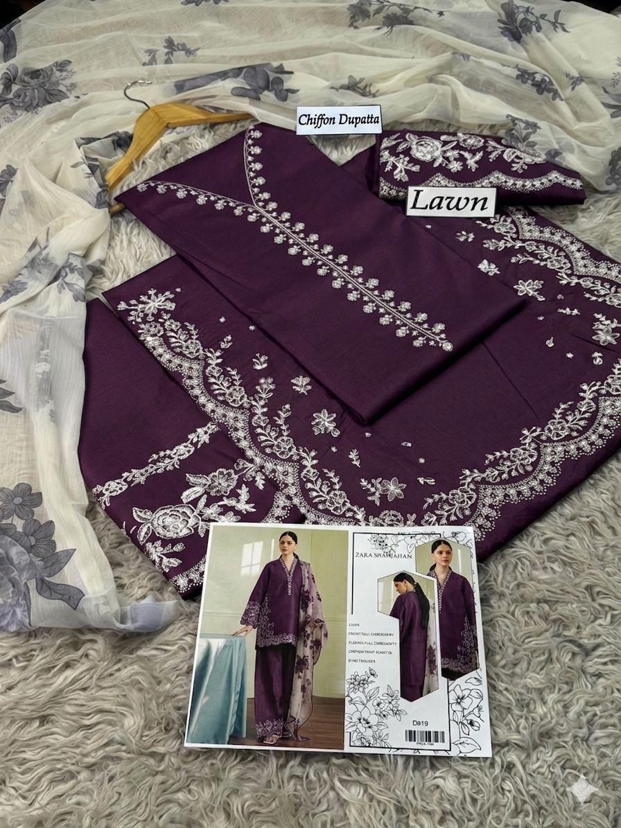 SUMMER COLLECTION HEAVY EMBROIDERY 3 PIECE LOWN SUIT UNSTITCHED