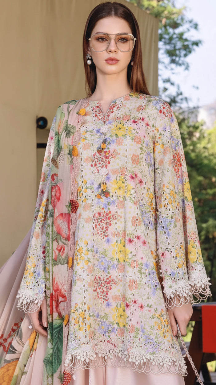 DIGITAL PRINTED WITH PATCHES 3 PIECE UNSTITCHED LOWN SUIT