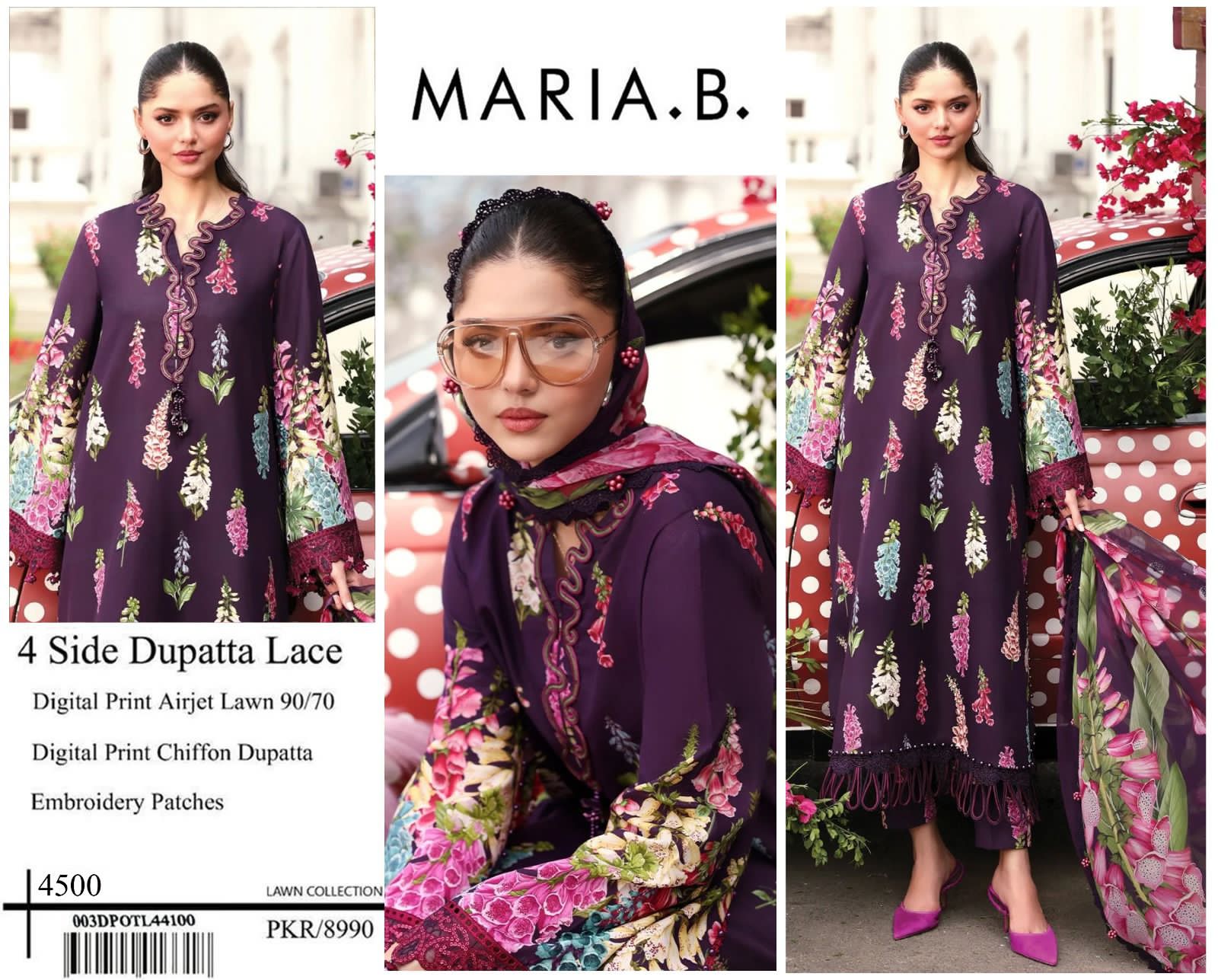 DIGITAL PRINTED WITH PATCHES 3 PIECE UNSTITCHED LOWN SUIT