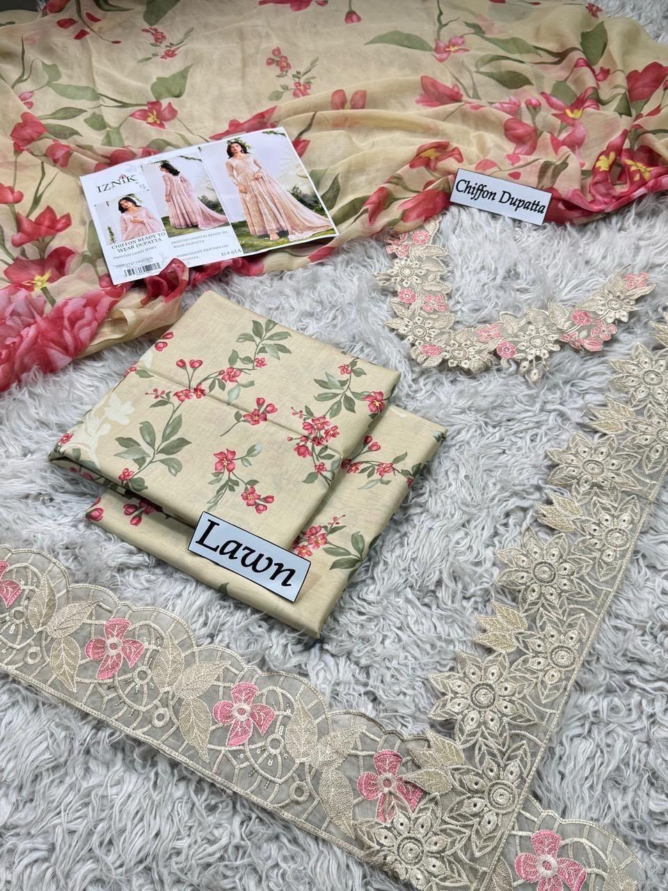 DIGITAL PRINTED WITH PATCHES 3 PIECE UNSTITCHED LOWN SUIT