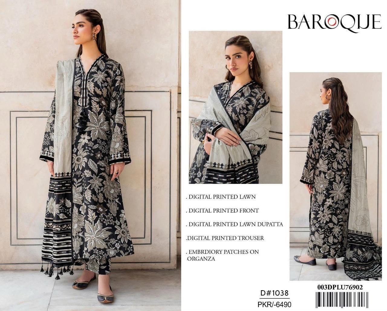 DIGITAL PRINTED WITH PATCHES 3 PIECE UNSTITCHED LOWN SUIT