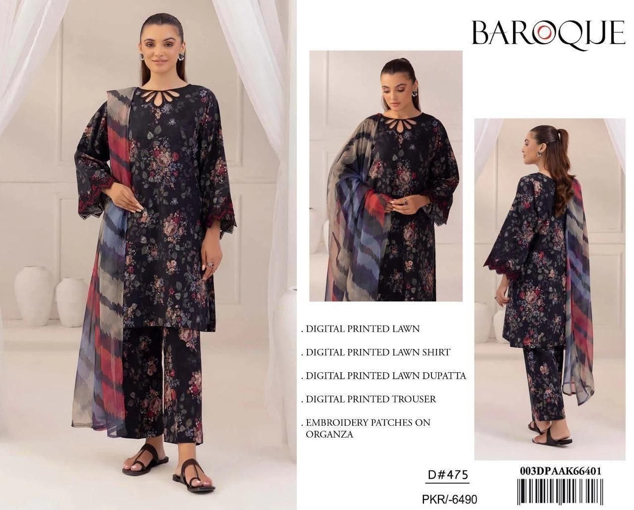 DIGITAL PRINTED WITH PATCHES 3 PIECE UNSTITCHED LOWN SUIT