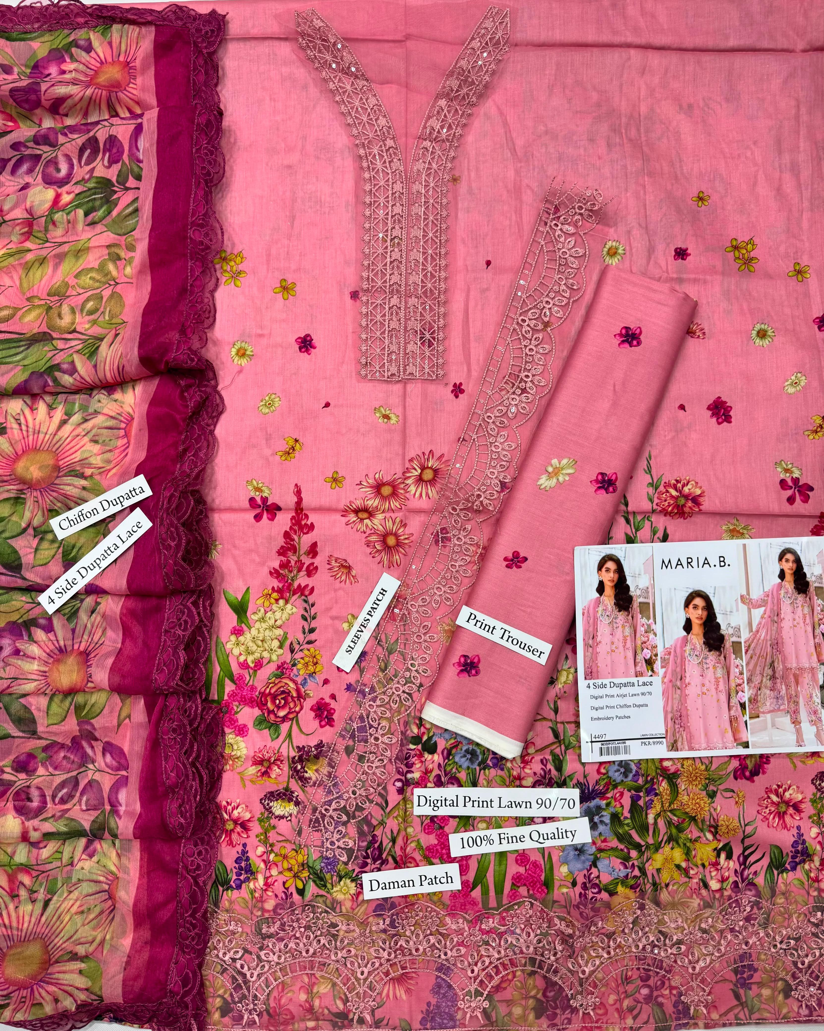 DIGITAL PRINTED WITH PATCHES 3 PIECE UNSTITCHED LOWN SUIT