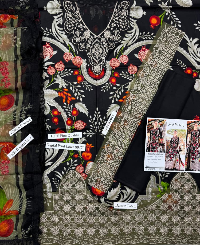 DIGITAL PRINTED WITH PATCHES 3 PIECE UNSTITCHED LOWN SUIT