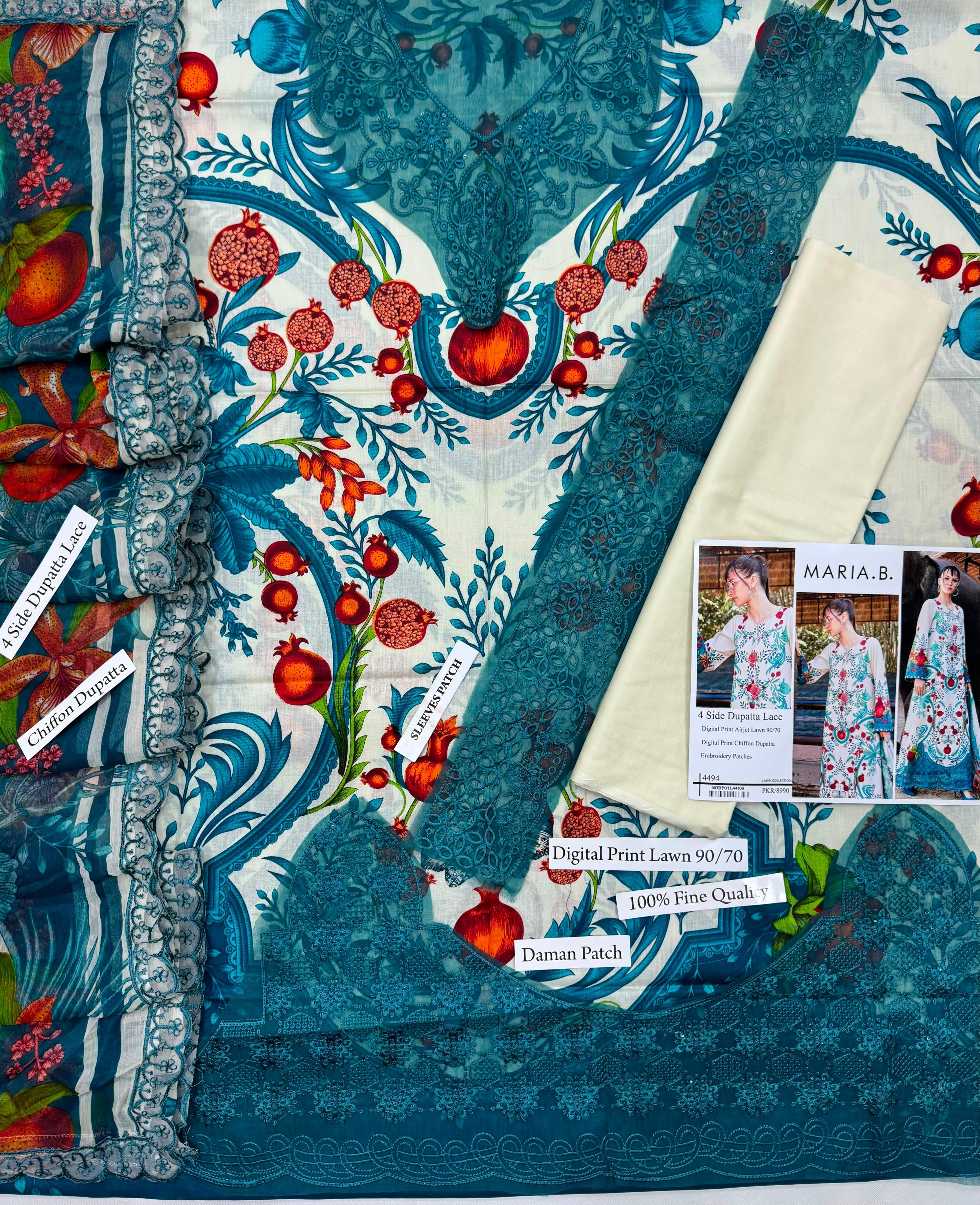 DIGITAL PRINTED WITH PATCHES 3 PIECE UNSTITCHED LOWN SUIT