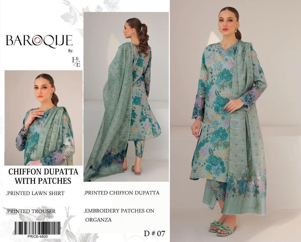 DIGITAL PRINTED WITH PATCHES 3 PIECE UNSTITCHED LOWN SUIT