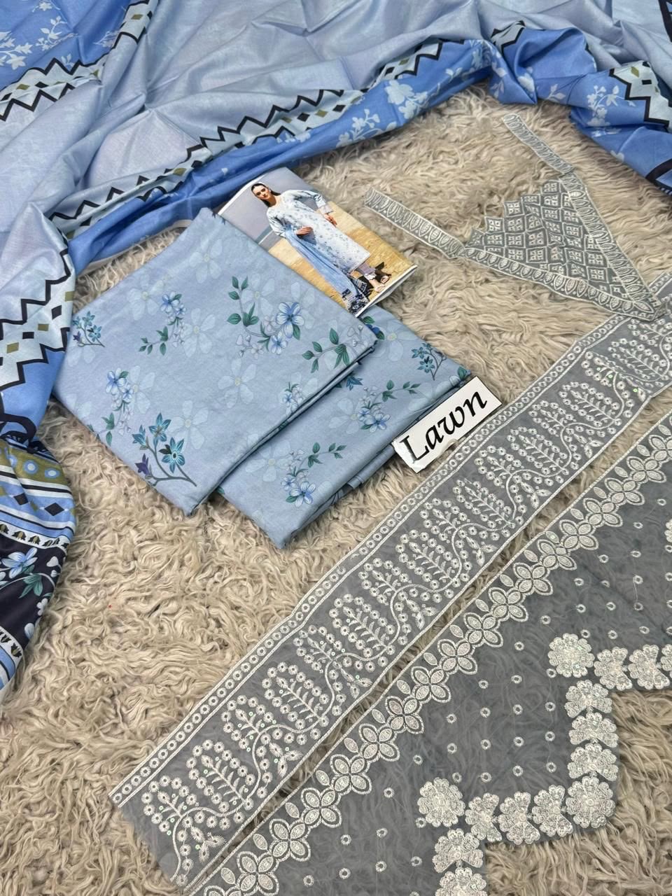 DIGITAL PRINTED WITH PATCHES 3 PIECE UNSTITCHED LOWN SUIT