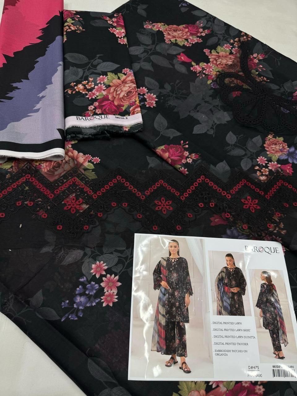 DIGITAL PRINTED WITH PATCHES 3 PIECE UNSTITCHED LOWN SUIT