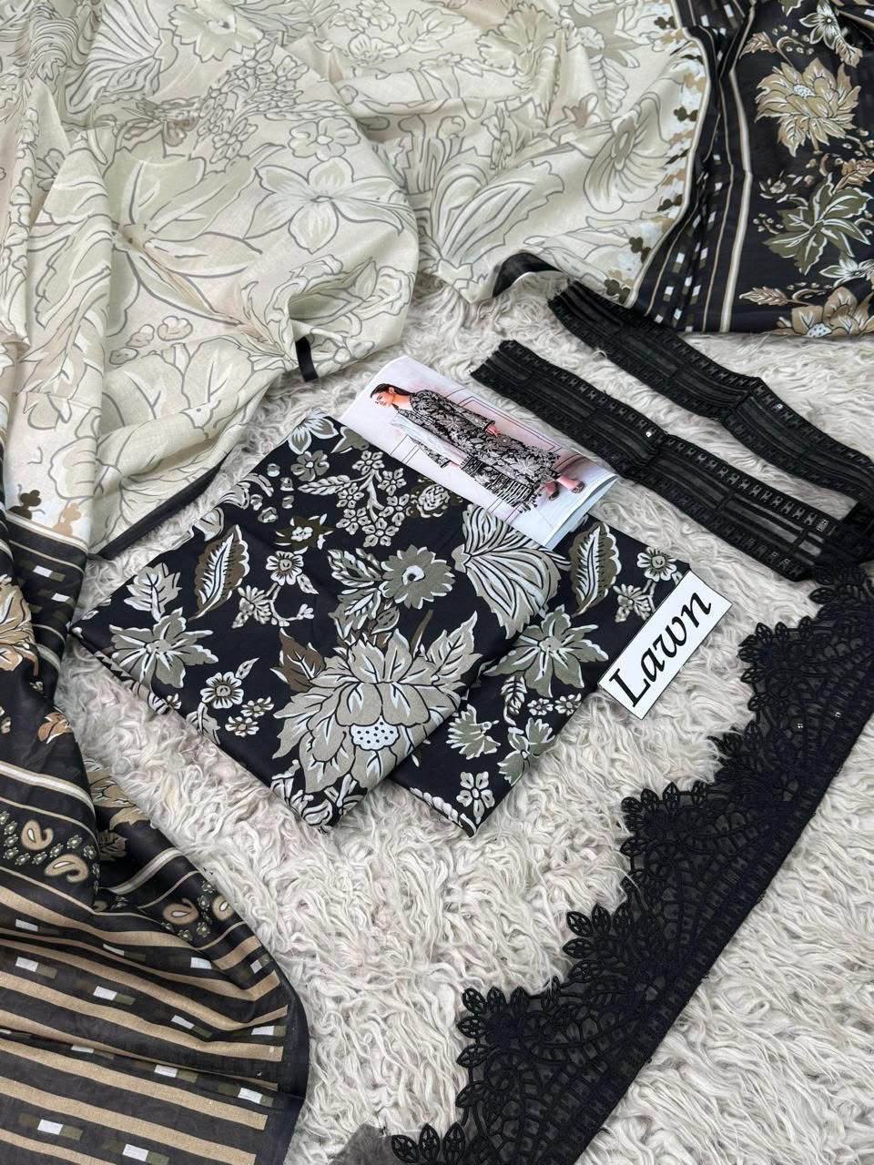 DIGITAL PRINTED WITH PATCHES 3 PIECE UNSTITCHED LOWN SUIT