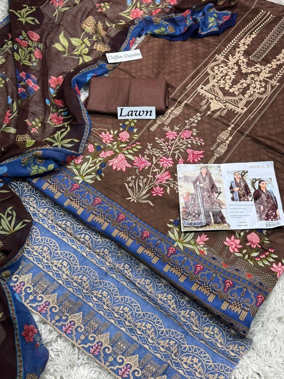 DIGITAL PRINTED WITH PATCHES 3 PIECE UNSTITCHED LOWN SUIT