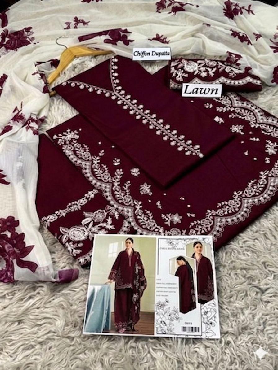 SUMMER COLLECTION HEAVY EMBROIDERY 3 PIECE LOWN SUIT UNSTITCHED