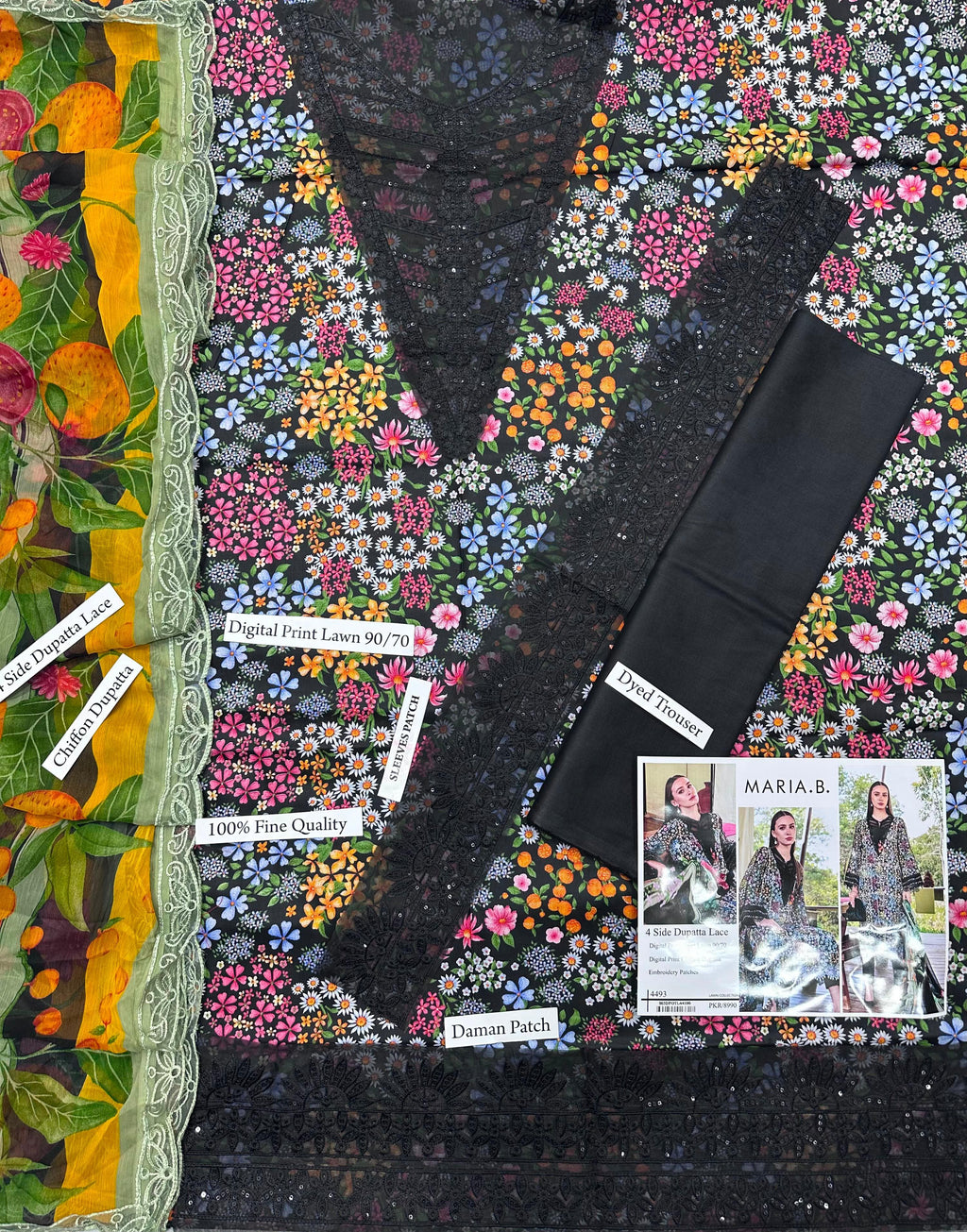DIGITAL PRINTED WITH PATCHES 3 PIECE UNSTITCHED LOWN SUIT