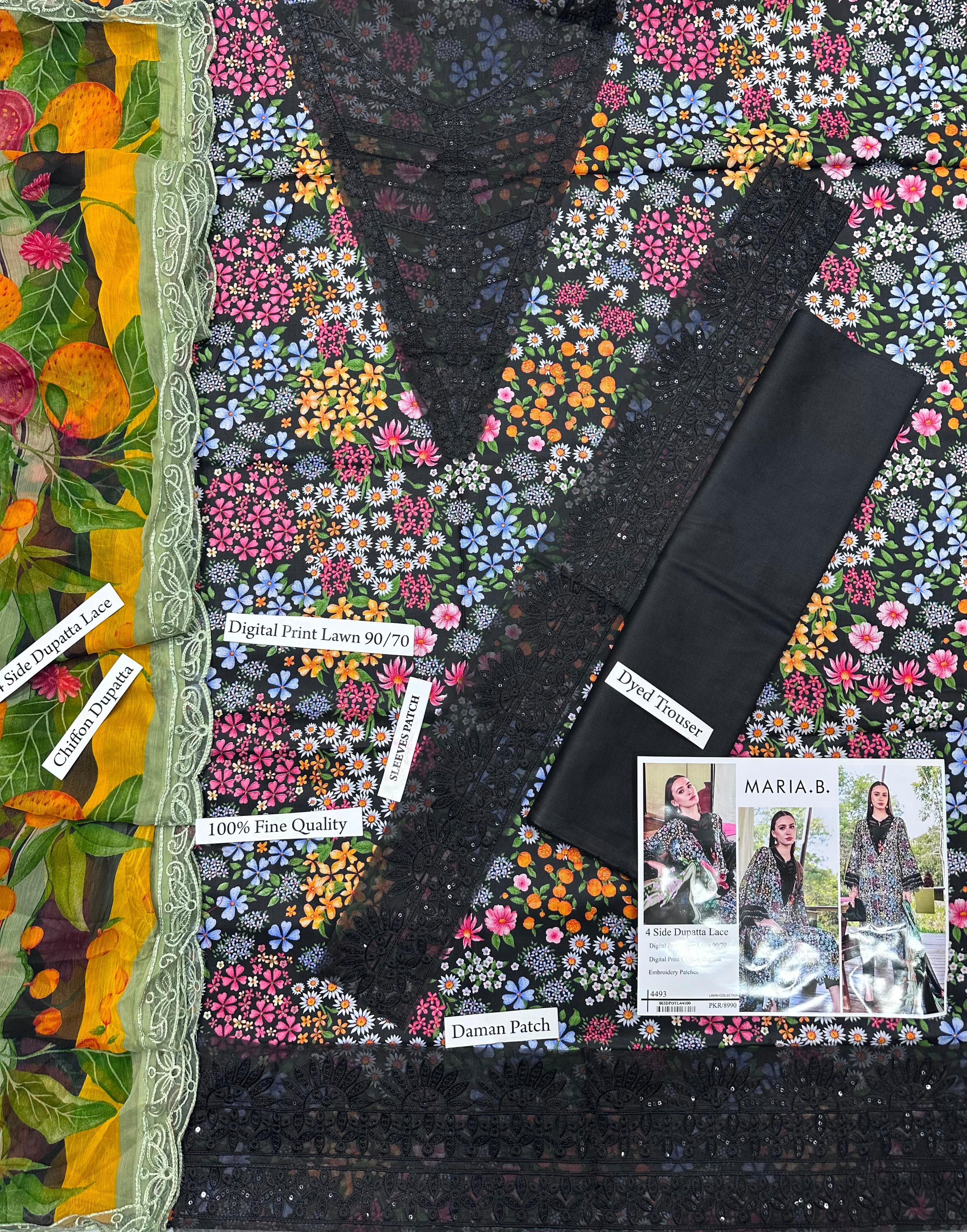 DIGITAL PRINTED WITH PATCHES 3 PIECE UNSTITCHED LOWN SUIT