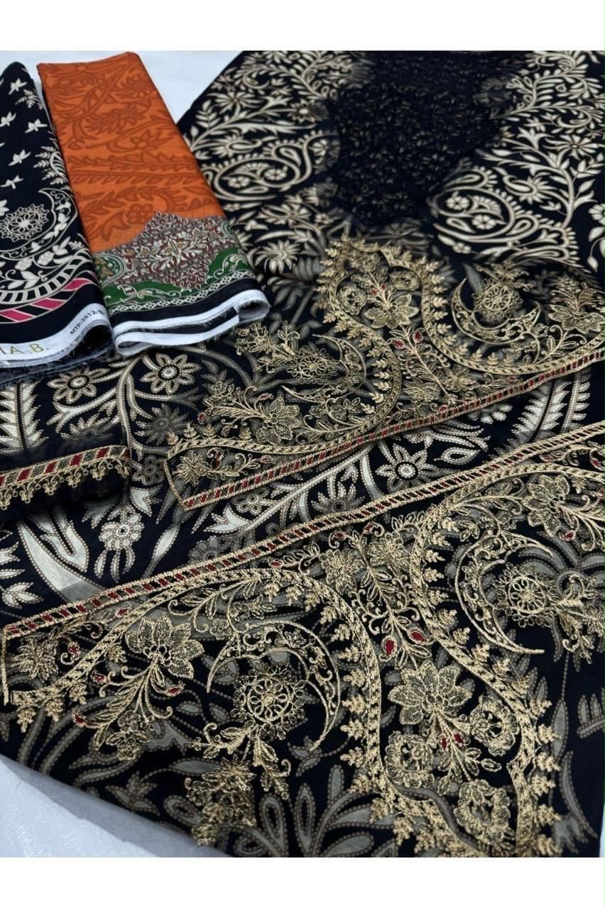 DIGITAL PRINTED WITH PATCHES 3 PIECE UNSTITCHED LOWN SUIT
